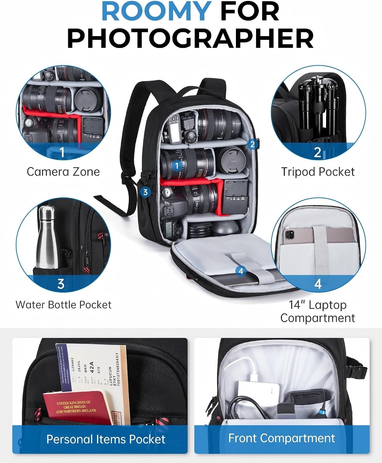 image:imageBAGSMART Camera Bag for DSLR Waterproof Camera Backpacks for Photographers Camera Case with Laptop Compartment156 BlackBlack