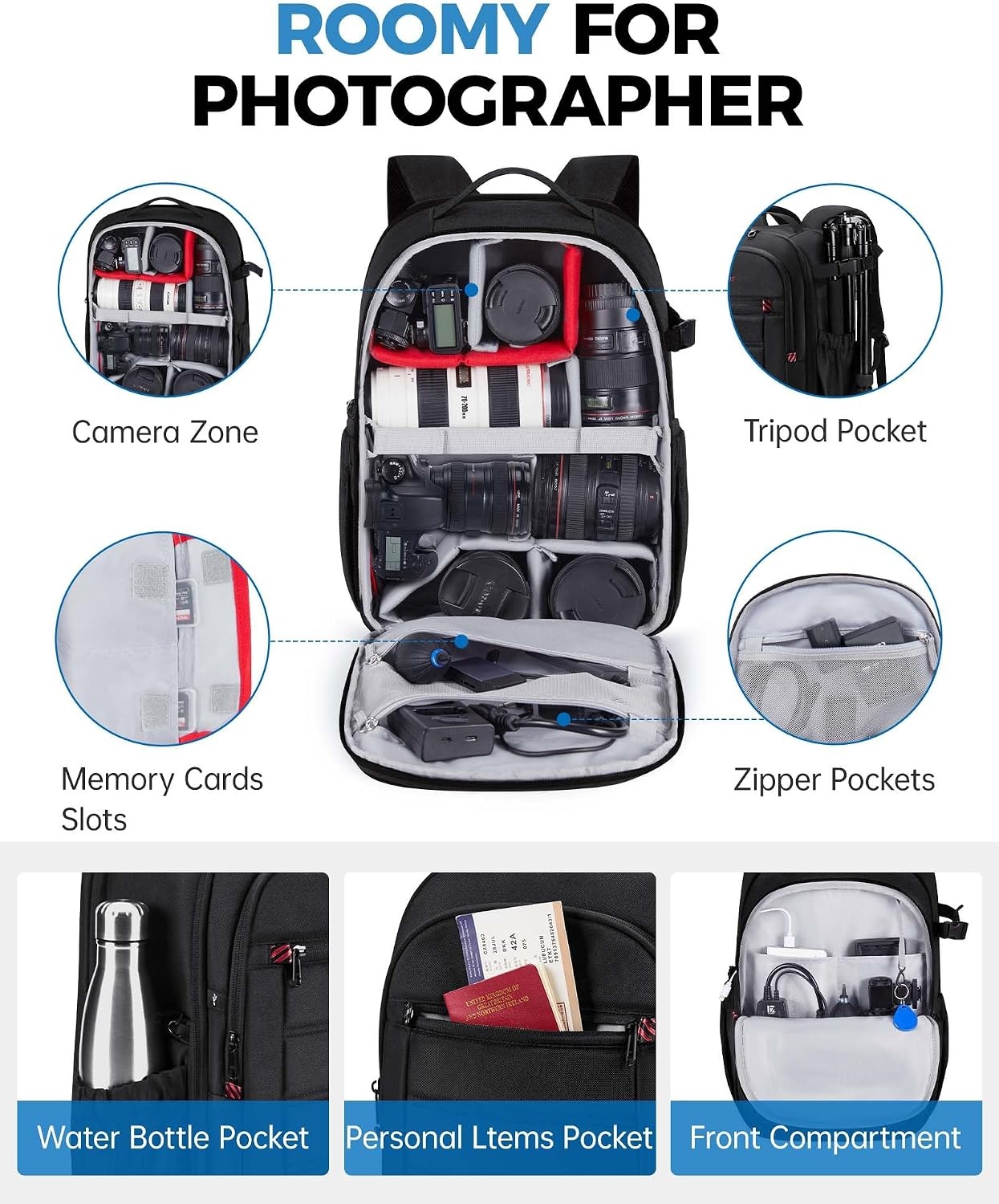 image:imageBAGSMART Camera Bag for DSLR Waterproof Camera Backpacks for Photographers Camera Case with Laptop Compartment156 BlackBlack