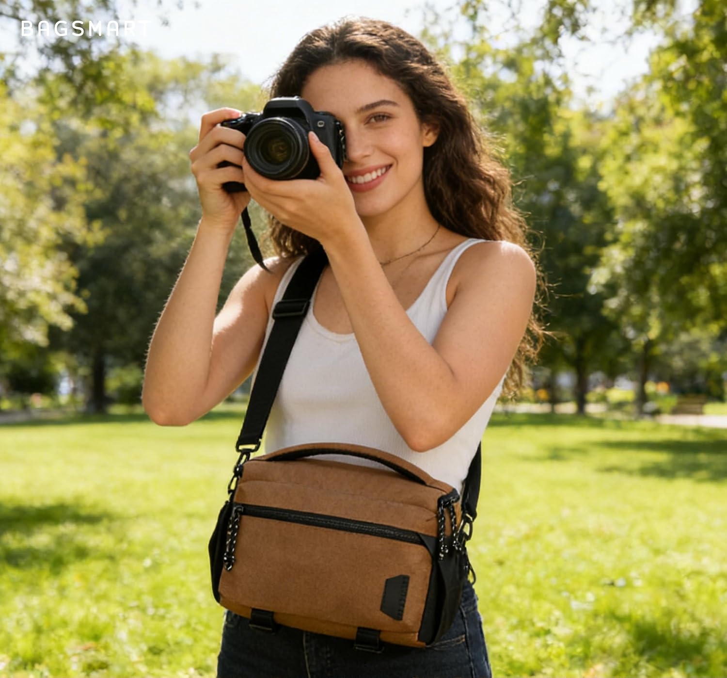 image:imageBAGSMART Camera Sling Bag with Tripod Holder amp Rain Cover Black06Khaki Brown