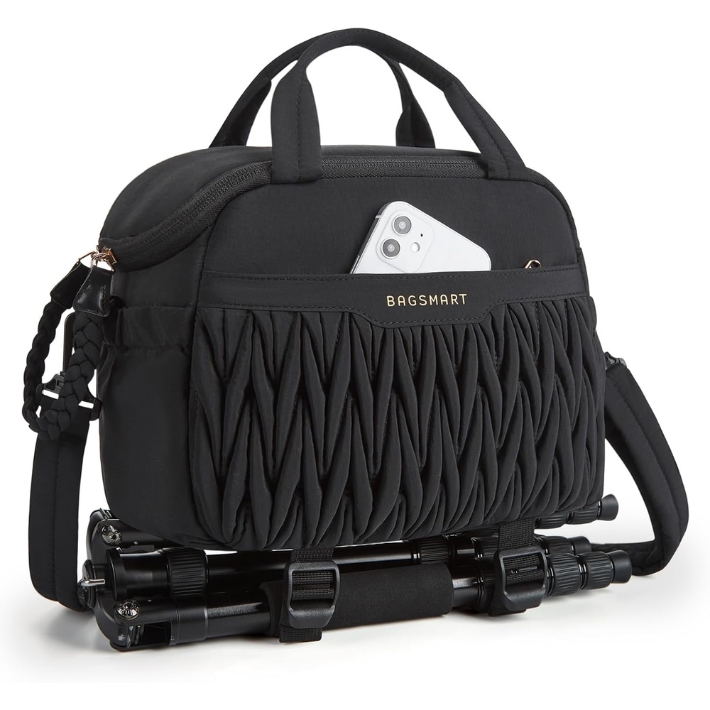 image:imageBAGSMART Camera Sling Bag Portable Small Camera Bags for Photographers with Tripod Holder Waterproof DSLRSLRCute Camera Case for Women with Rain Cover Compatible with Sony Canon Nikon BeigeBlack