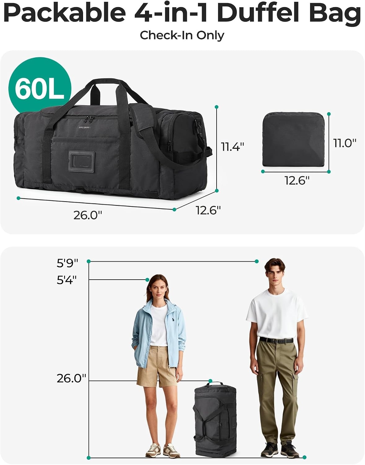 image:imageBAGSAMRT 60L Foldable Duffle Bag for Travel Large Travel Duffel Bag for Men 4 in 1 Travel Backpack Carry on Weekender Bag Light BrownBlack