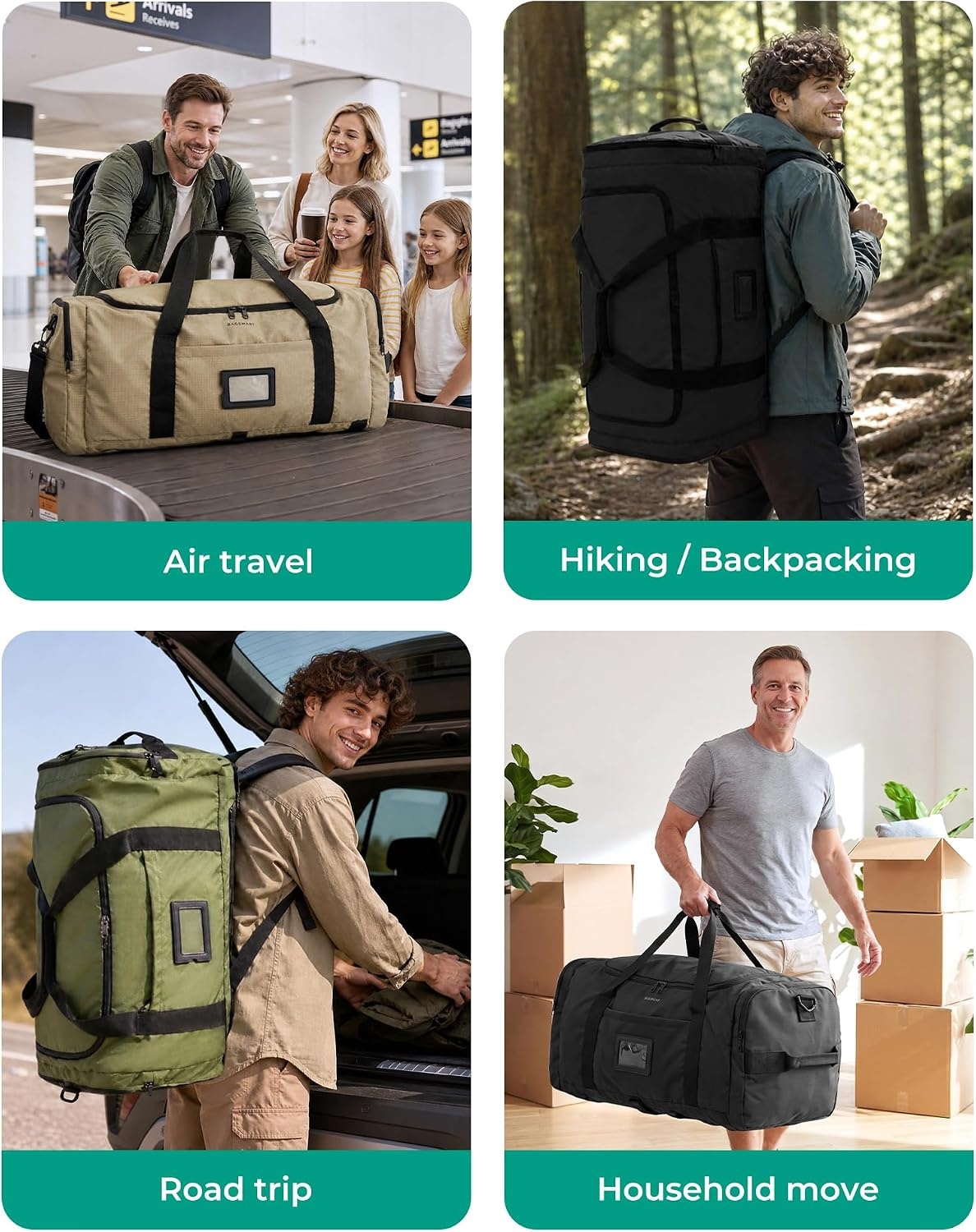 image:imageBAGSAMRT 60L Foldable Duffle Bag for Travel Large Travel Duffel Bag for Men 4 in 1 Travel Backpack Carry on Weekender Bag Light BrownBlack