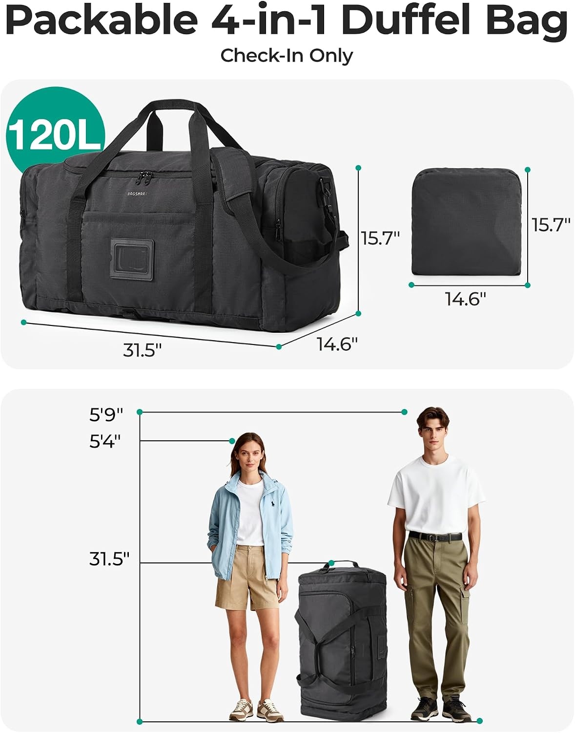 image:imageBAGSAMRT 60L Foldable Duffle Bag for Travel Large Travel Duffel Bag for Men 4 in 1 Travel Backpack Carry on Weekender Bag Light BrownBlack