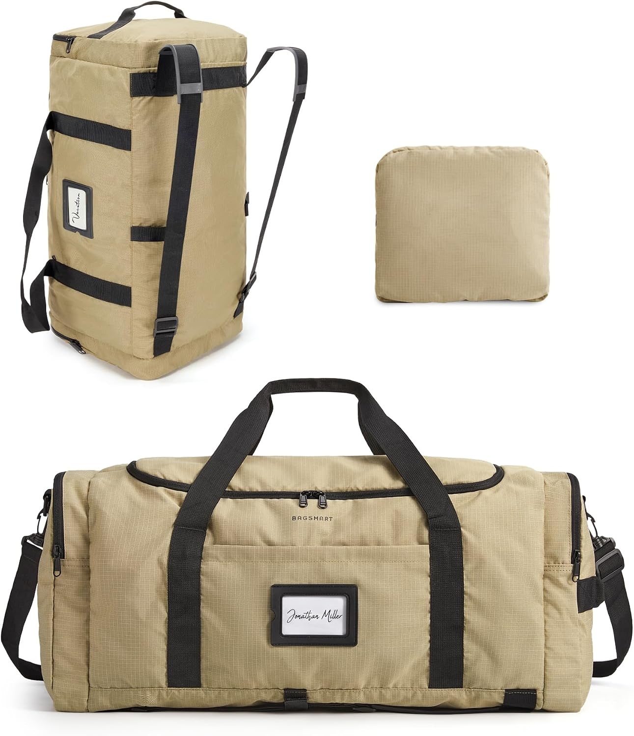 image:imageBAGSAMRT 60L Foldable Duffle Bag for Travel Large Travel Duffel Bag for Men 4 in 1 Travel Backpack Carry on Weekender Bag Light BrownLight Brown