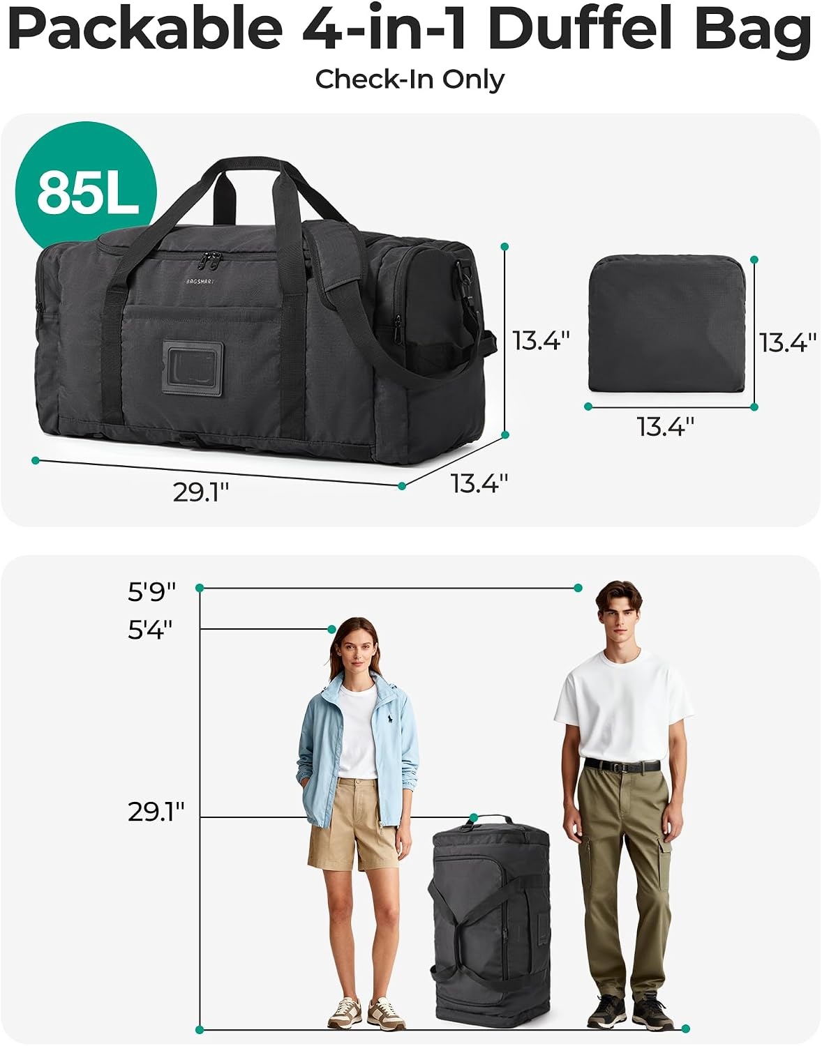 image:imageBAGSAMRT 60L Foldable Duffle Bag for Travel Large Travel Duffel Bag for Men 4 in 1 Travel Backpack Carry on Weekender Bag Light BrownLight Brown
