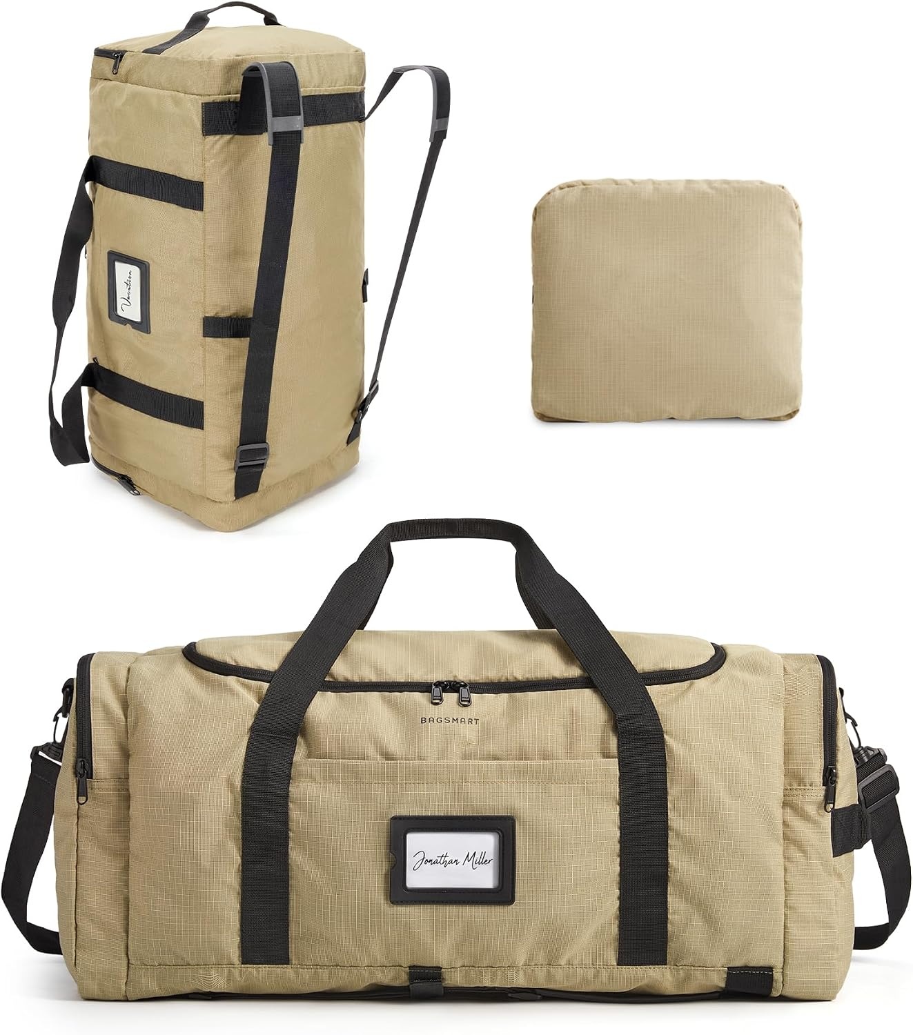 image:imageBAGSAMRT 60L Foldable Duffle Bag for Travel Large Travel Duffel Bag for Men 4 in 1 Travel Backpack Carry on Weekender Bag Light BrownLight Brown