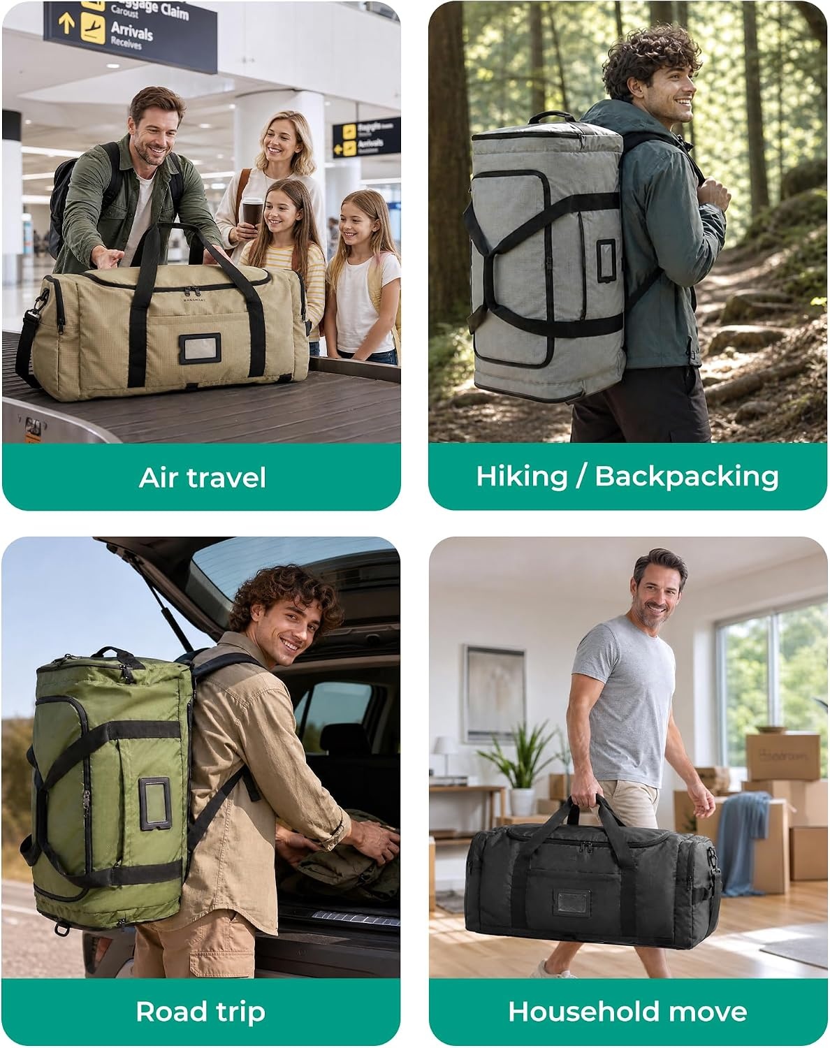 image:imageBAGSAMRT 60L Foldable Duffle Bag for Travel Large Travel Duffel Bag for Men 4 in 1 Travel Backpack Carry on Weekender Bag Light BrownLight Brown