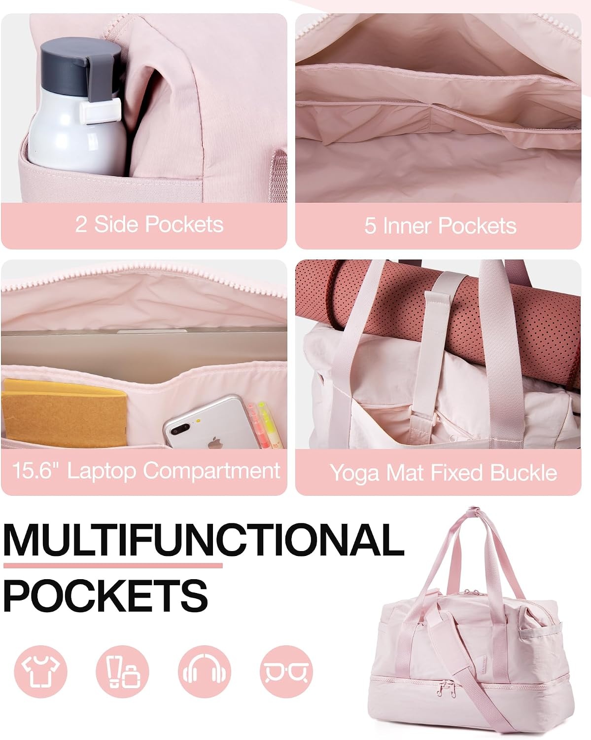 image:imageBAGSMART Gym Bag for Women Carry on Weekender Overnight Bag Travel Duffel Bags with Trolley Sleeve Personal Item Travel Bag Tote Bag Workout Dance BagBlackMediumPink