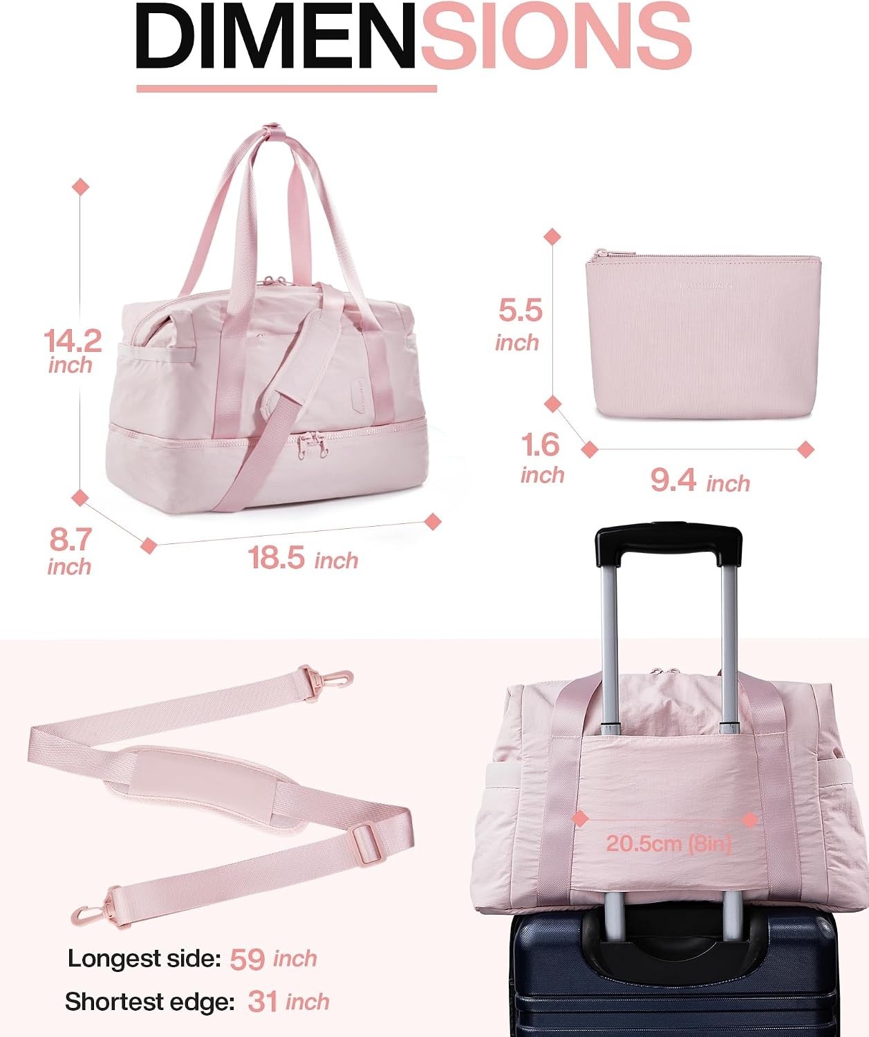 image:imageBAGSMART Gym Bag for Women Carry on Weekender Overnight Bag Travel Duffel Bags with Trolley Sleeve Personal Item Travel Bag Tote Bag Workout Dance BagBlackMediumPink
