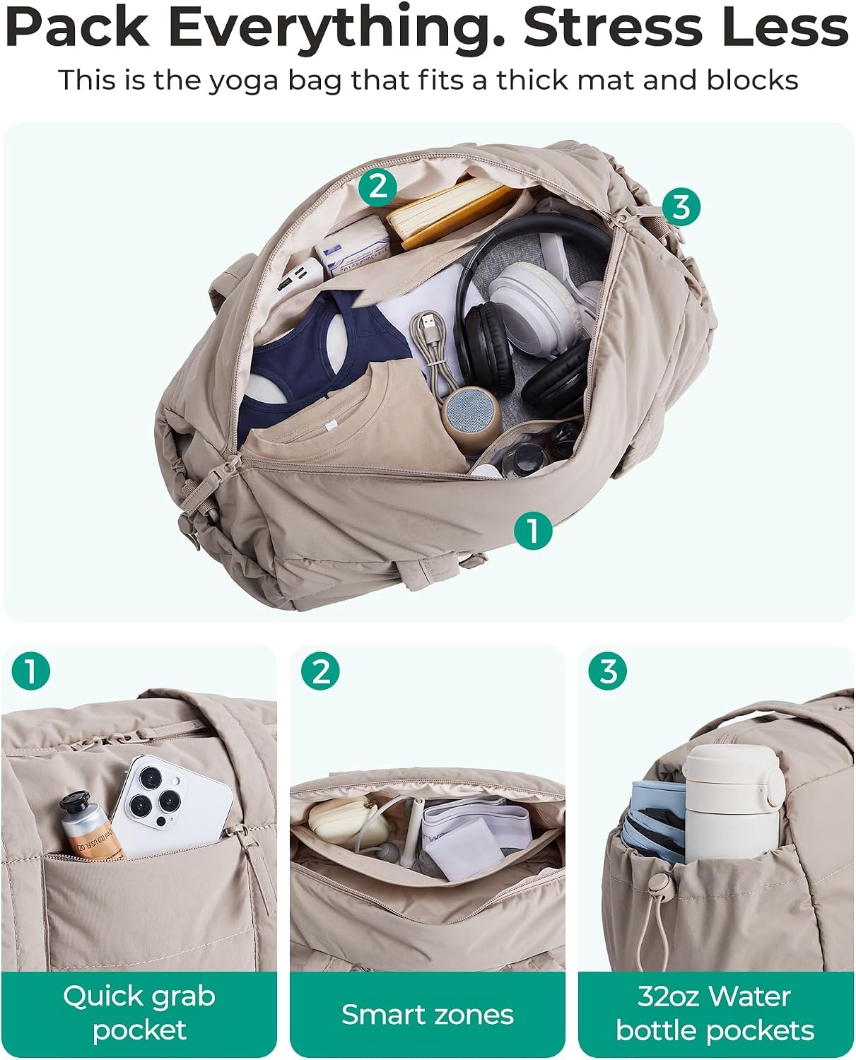 image:imageBAGSMART Reiki Gym Bag for Women Puffy Yoga Mat Travel Weekender Duffle BagMidnight Black