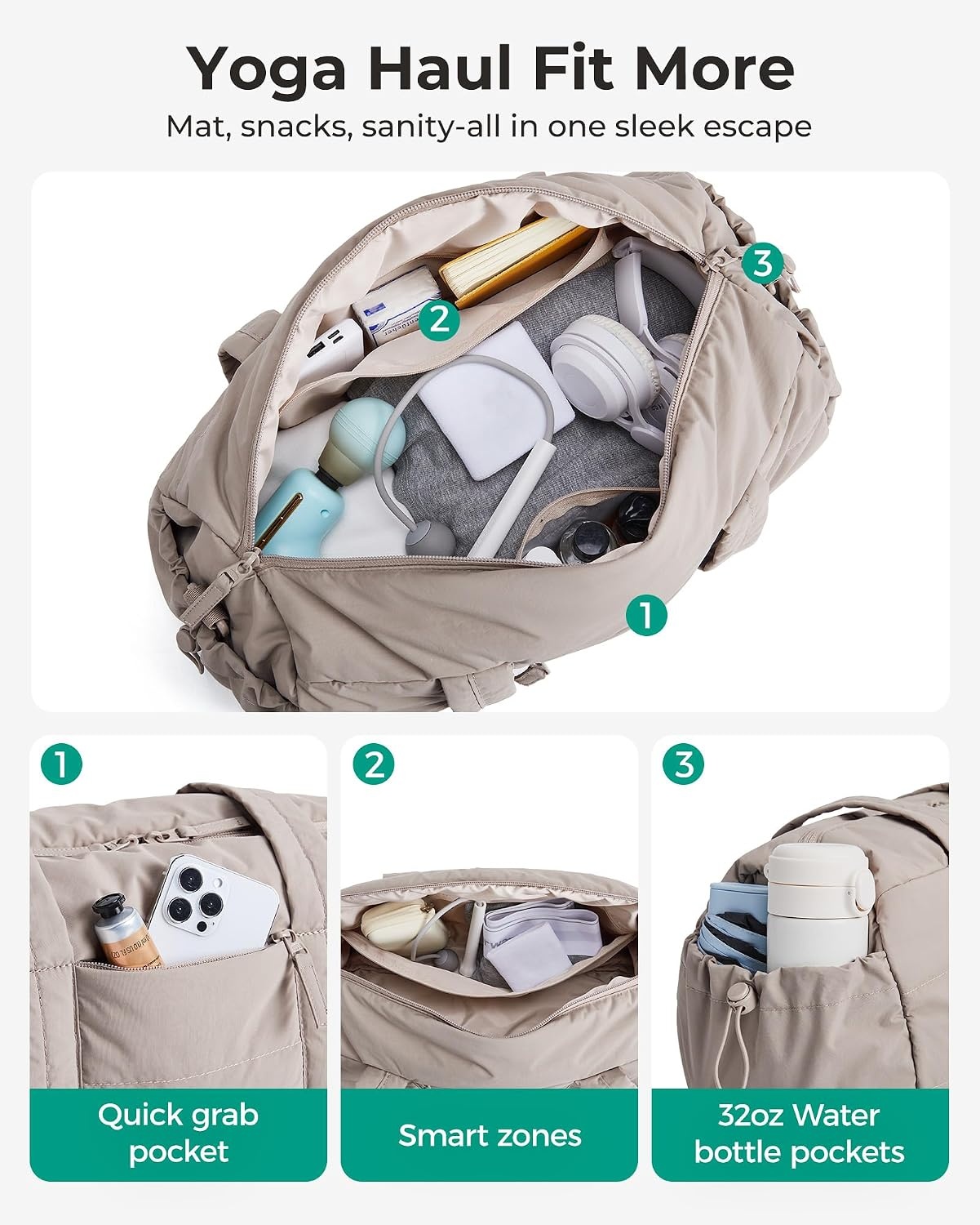 image:imageBAGSMART Reiki Gym Bag for Women Puffy Yoga Mat Travel Weekender Duffle BagSand Brown