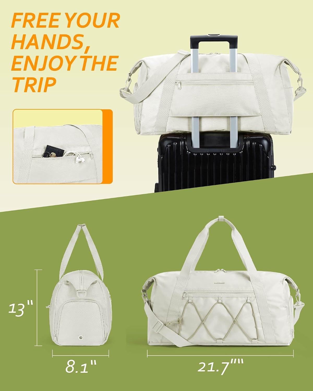 image:imageBAGSMART Small Gym Bag With Shoe Compartment amp Wet Pocket Lightweight Sports Travel Duffel Carry On Weekender Overnight Water Resistant Sports Gym Tote for Swimming Yoga BeigeOffWhite