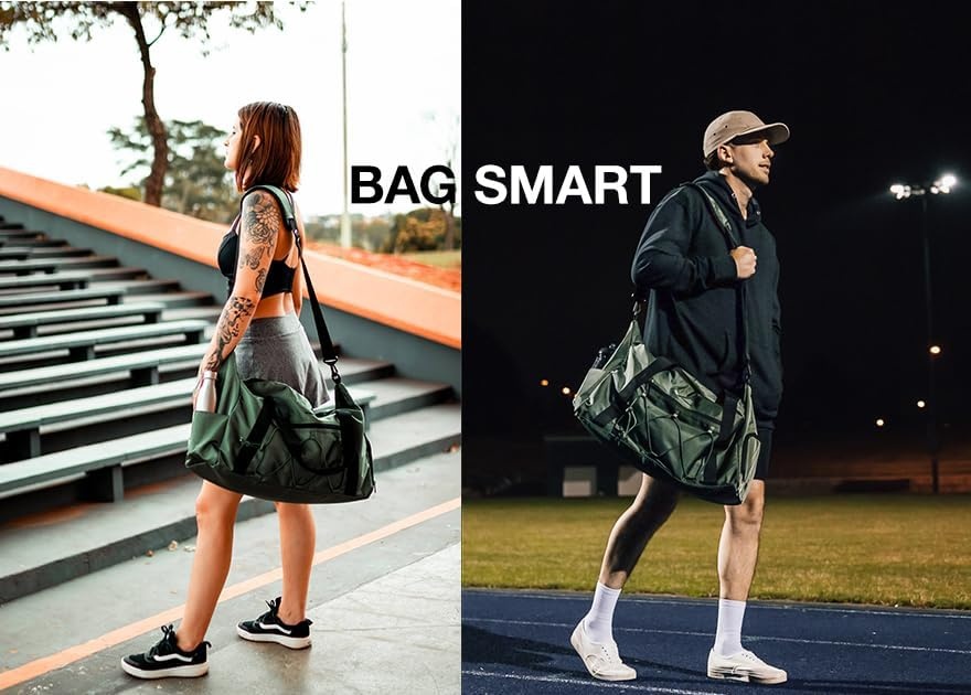 image:imageBAGSMART Small Gym Bag with Shoe Compartment amp Wet Pocket Lightweight Sports Travel Duffel Carry On Weekender Overnight Water Resistant Sports Gym Tote for Swimming Yoga Almond OilBlack