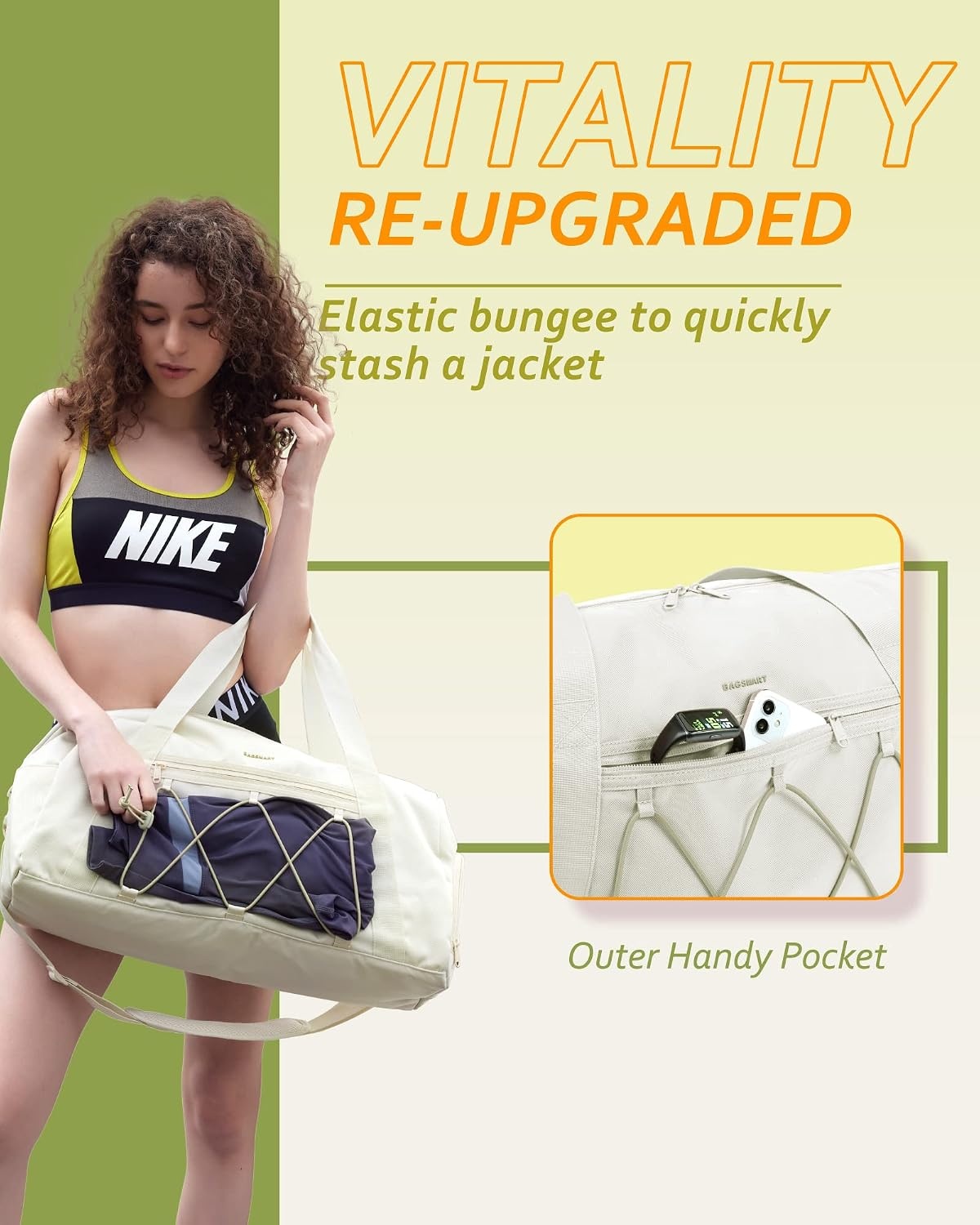 image:imageBAGSMART Small Gym Bag with Shoe Compartment amp Wet Pocket Lightweight Sports Travel Duffel Carry On Weekender Overnight Water Resistant Sports Gym Tote for Swimming Yoga Almond OilOffWhite