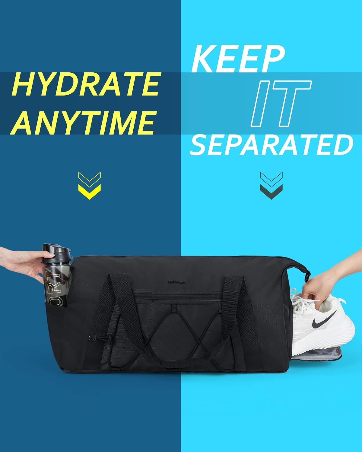 image:imageBAGSMART Small Gym Bag with Shoe Compartment amp Wet Pocket Lightweight Sports Travel Duffel Carry On Weekender Overnight Water Resistant Sports Gym Tote for Swimming Yoga Almond OilBlack