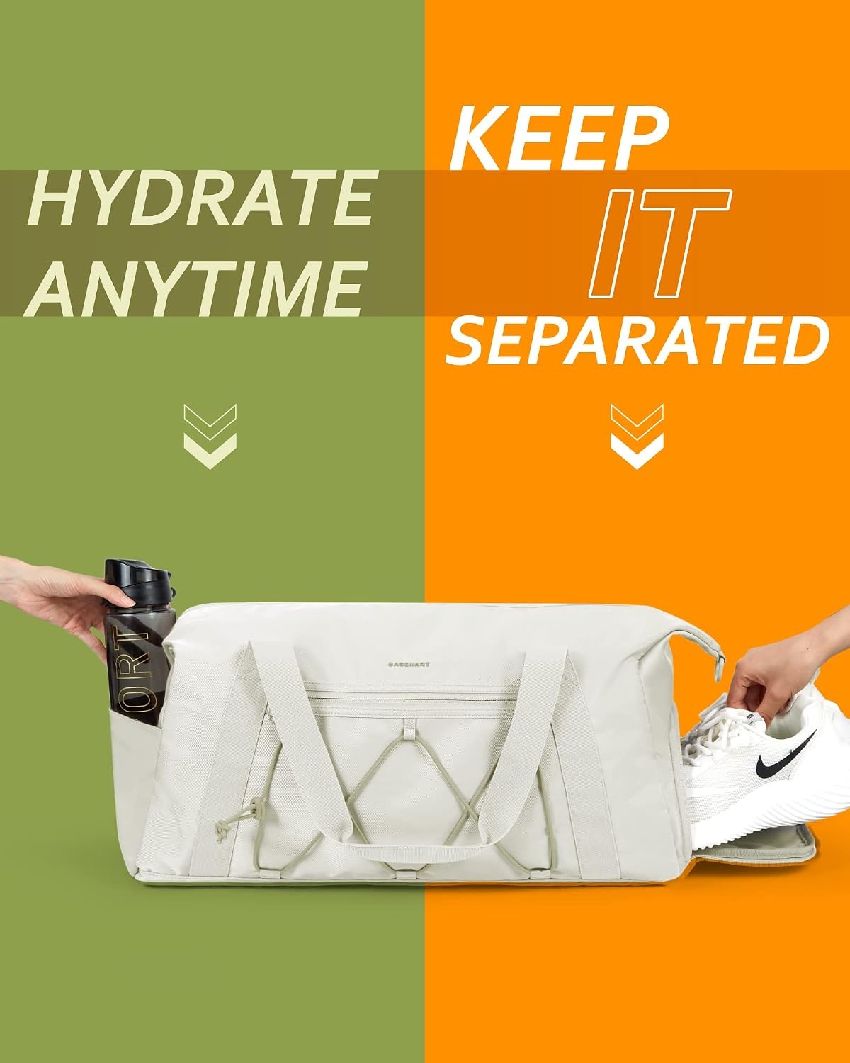 image:imageBAGSMART Small Gym Bag with Shoe Compartment amp Wet Pocket Lightweight Sports Travel Duffel Carry On Weekender Overnight Water Resistant Sports Gym Tote for Swimming Yoga Almond OilOffWhite
