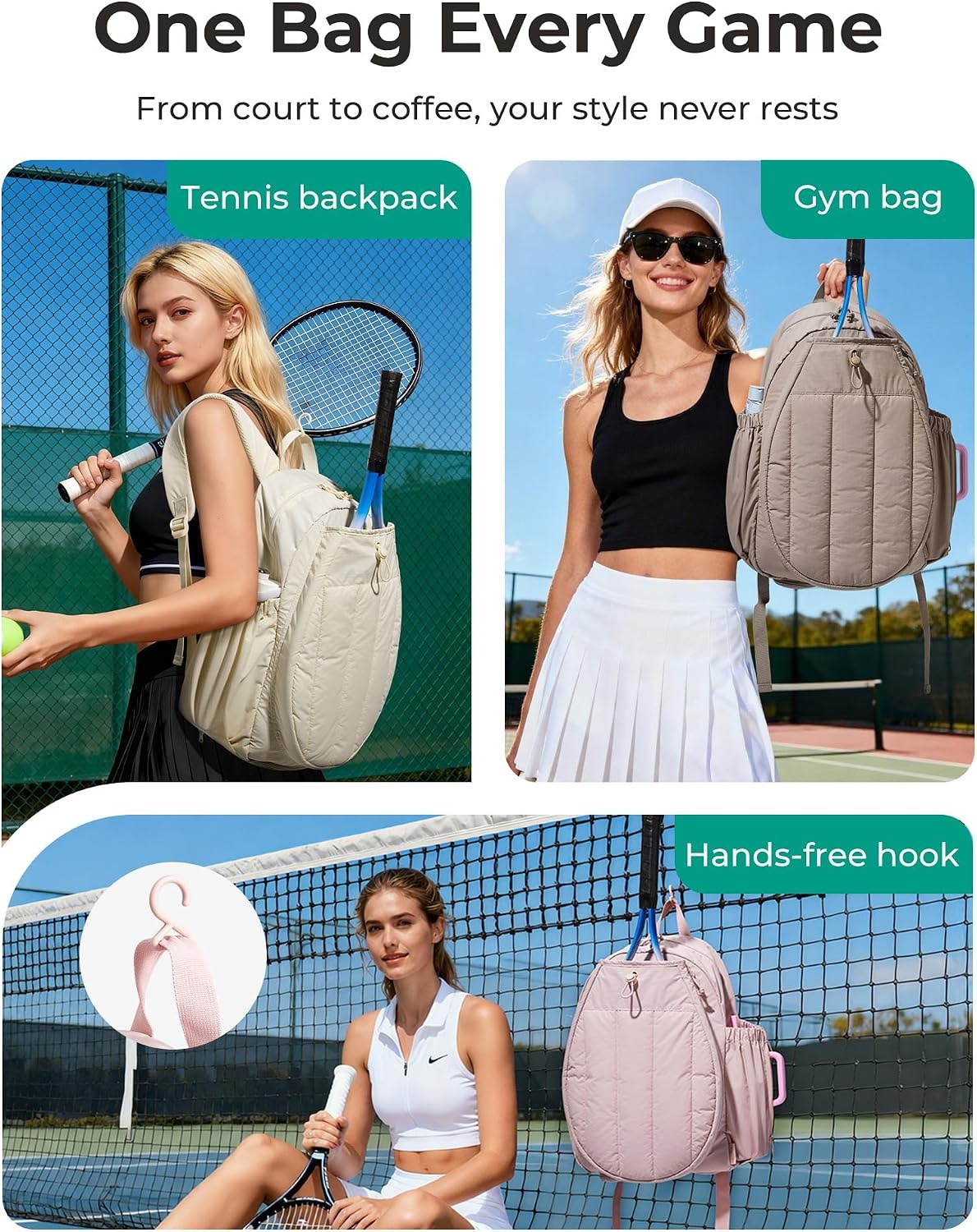 image:imageBAGSMART Tennis Gym Bag for Women Quilted Pickleball 156 Laptop BackpackBeige
