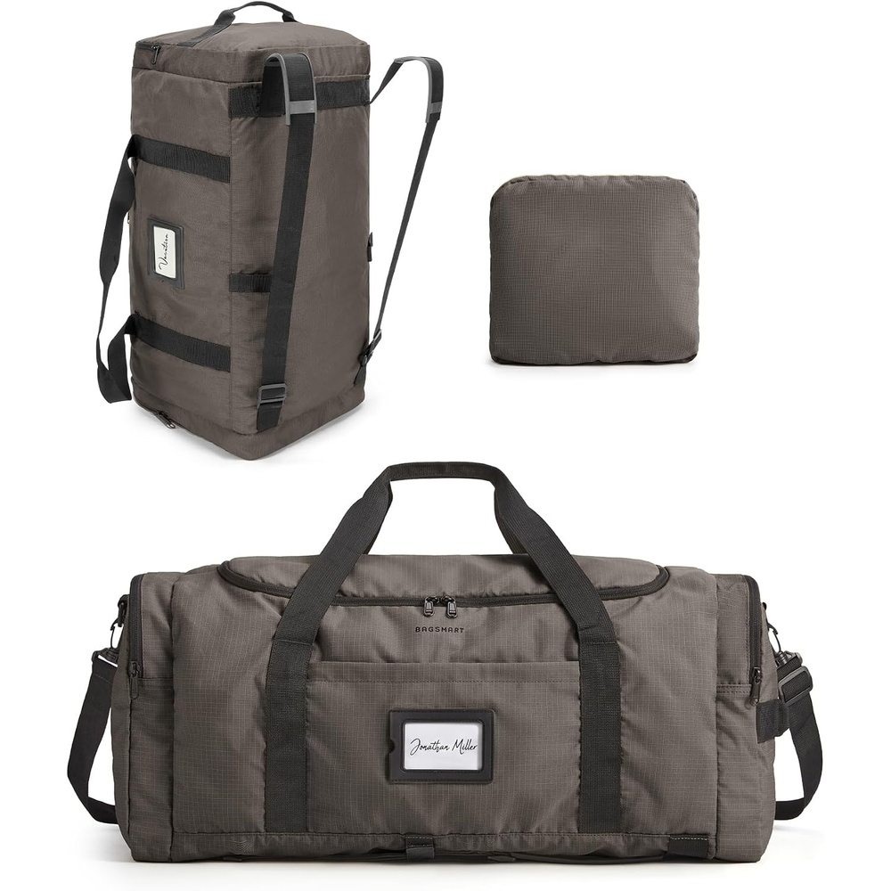 image:imageBAGSAMRT 60L Foldable Duffle Bag for Travel Large Travel Duffel Bag for Men 4 in 1 Travel Backpack Carry on Weekender Bag Light BrownDark Gray