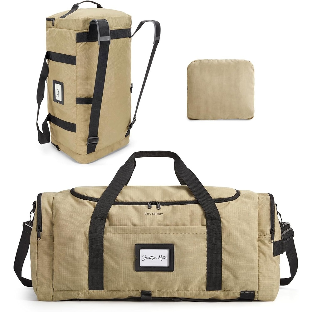 image:imageBAGSAMRT 60L Foldable Duffle Bag for Travel Large Travel Duffel Bag for Men 4 in 1 Travel Backpack Carry on Weekender Bag Light BrownLight Brown