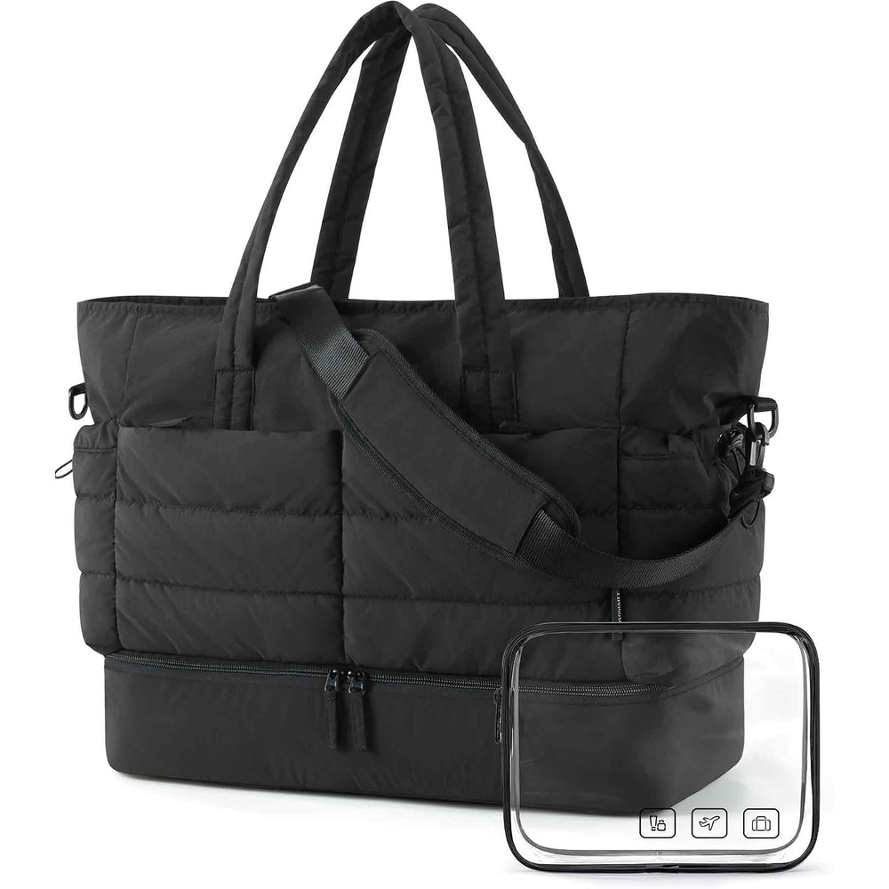 image:imageBAGSMART Large Travel Duffel Bag with Shoe Compartment Puffer CarryOn Gym Weekender Bag for Women CamelCharcoal