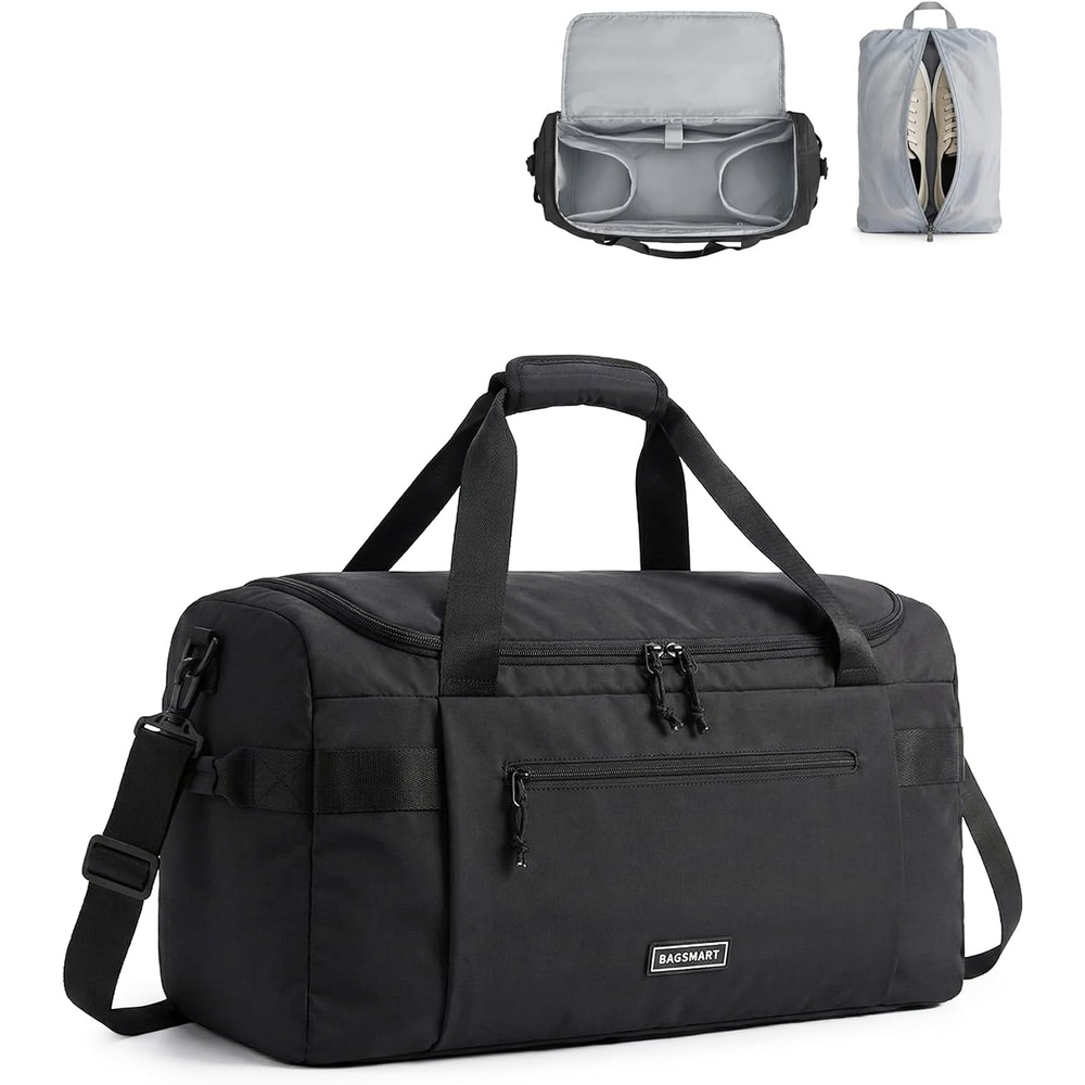 image:imageBAGSMART Travel Duffel Bags with Dividers 32L Gym Duffle Bag with Laptop Compartment Carry On Weekender Overnight Bag Shoe Bag PVC Wet Pocket Dark BrownBlack