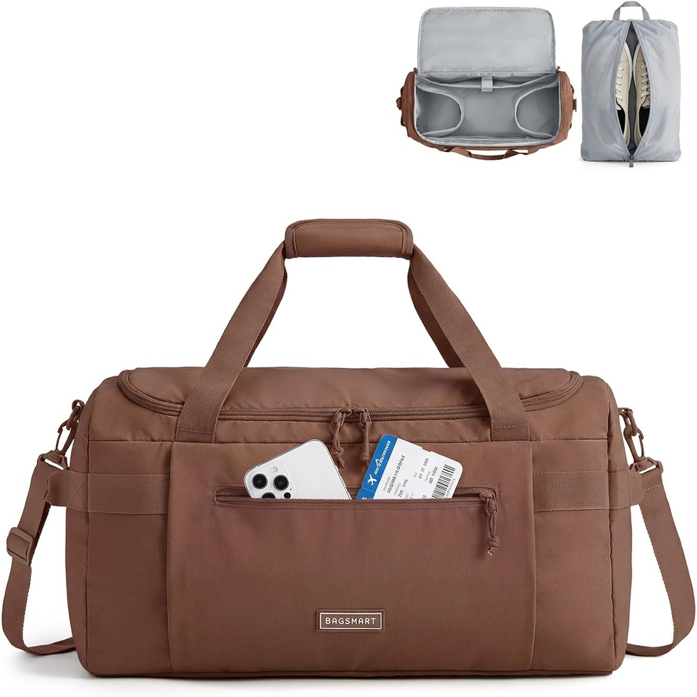 image:imageBAGSMART Travel Duffel Bags with Dividers 32L Gym Duffle Bag with Laptop Compartment Carry On Weekender Overnight Bag Shoe Bag PVC Wet Pocket Dark BrownDark Brown