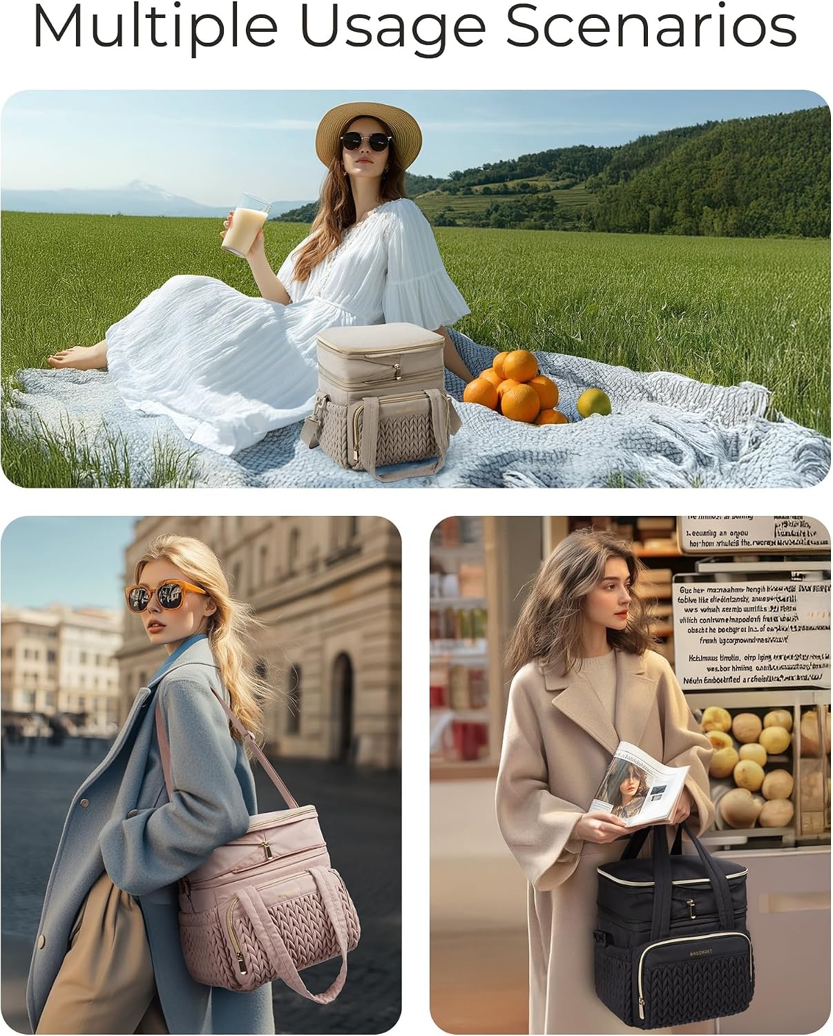 image:imageBAGSMART Insulated Lunch Box for Women Double Deck Leakproof Cooler Bag with Expandable Design for Office Work amp Outdoor PicnicBlack