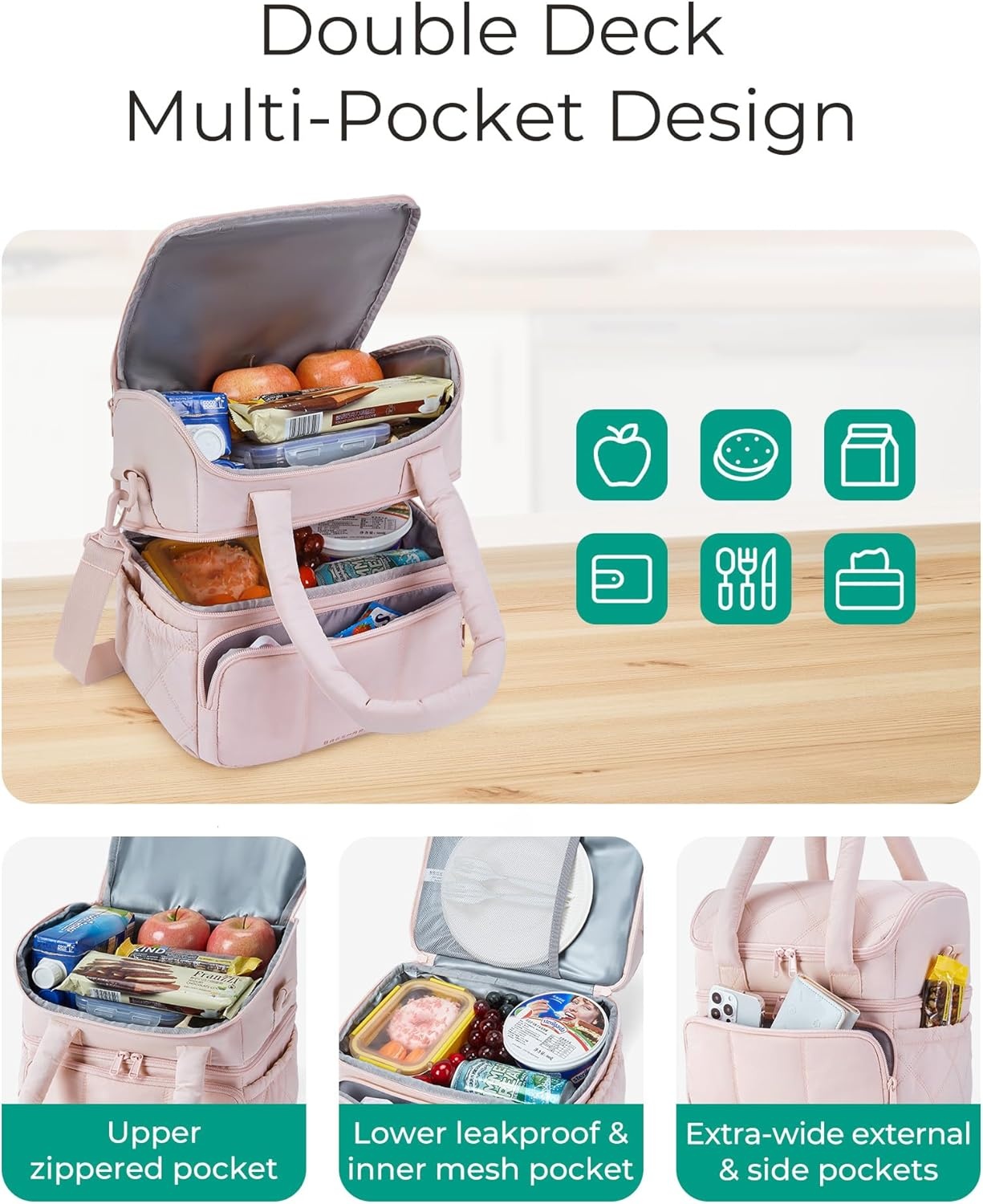 image:imageBAGSMART Lunch Bag Women Double Deck Insulated Lunch Box CamelCoffee Brown