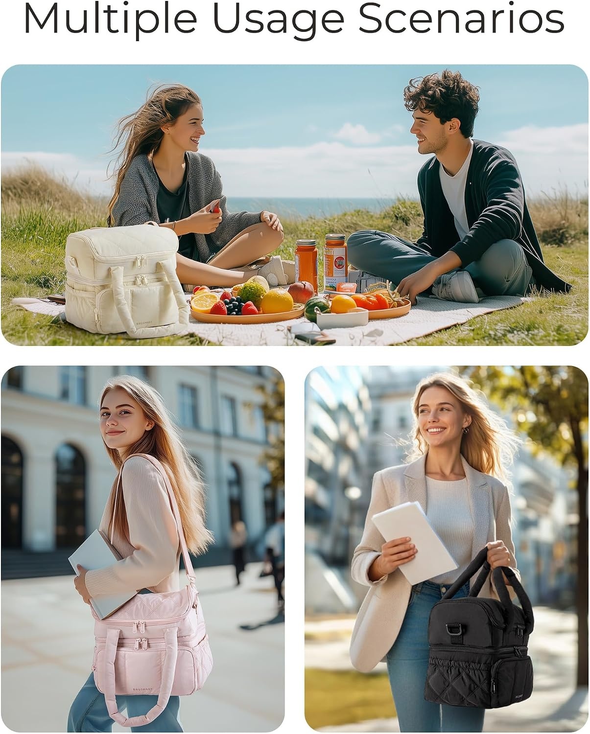image:imageBAGSMART Lunch Bag Women Double Deck Insulated Lunch Box CamelPrintBrown Checkerboard