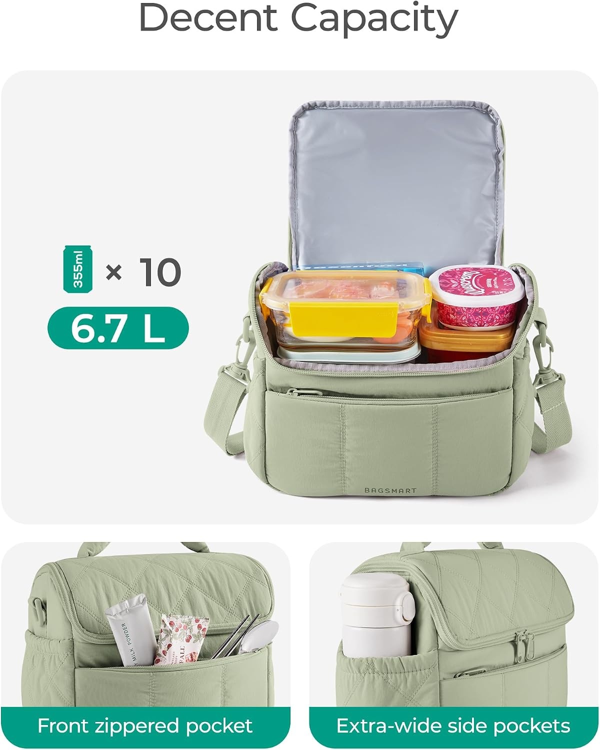 image:imageBAGSMART Lunch Bag Women Double Deck Insulated Lunch Box CamelSage Green