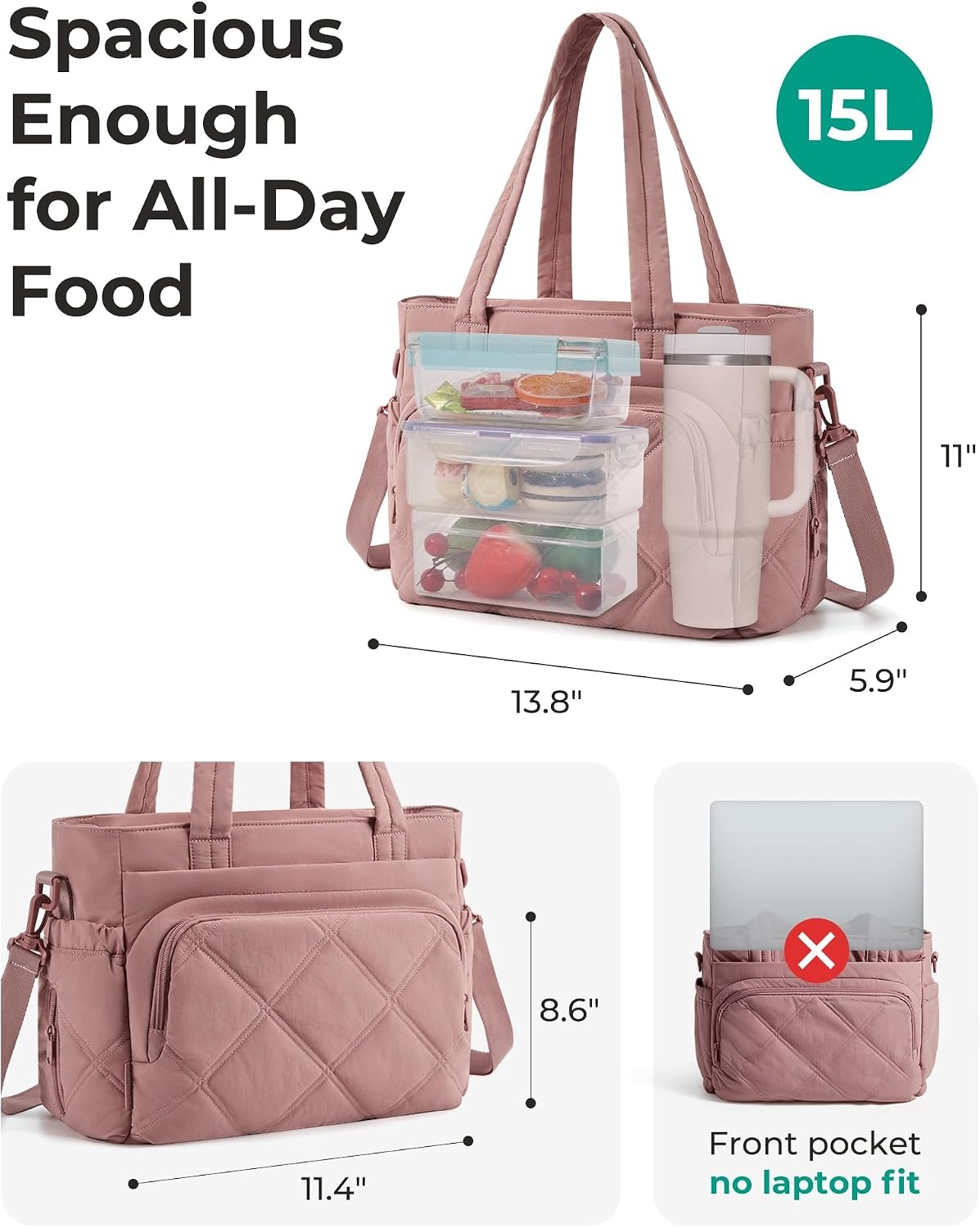 image:imageBAGSMART Lunch Bag Women Large Lunch Box Insulated Tote Bag with MultiPockets Quilted Puffy Tote for Work Outdoors01Dusky Pink
