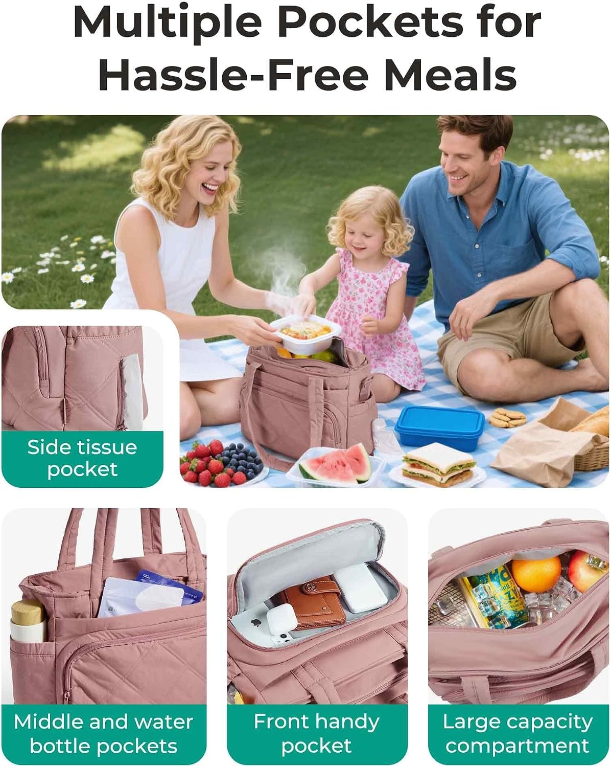 image:imageBAGSMART Lunch Bag Women Large Lunch Box Insulated Tote Bag with MultiPockets Quilted Puffy Tote for Work Outdoors02Brown