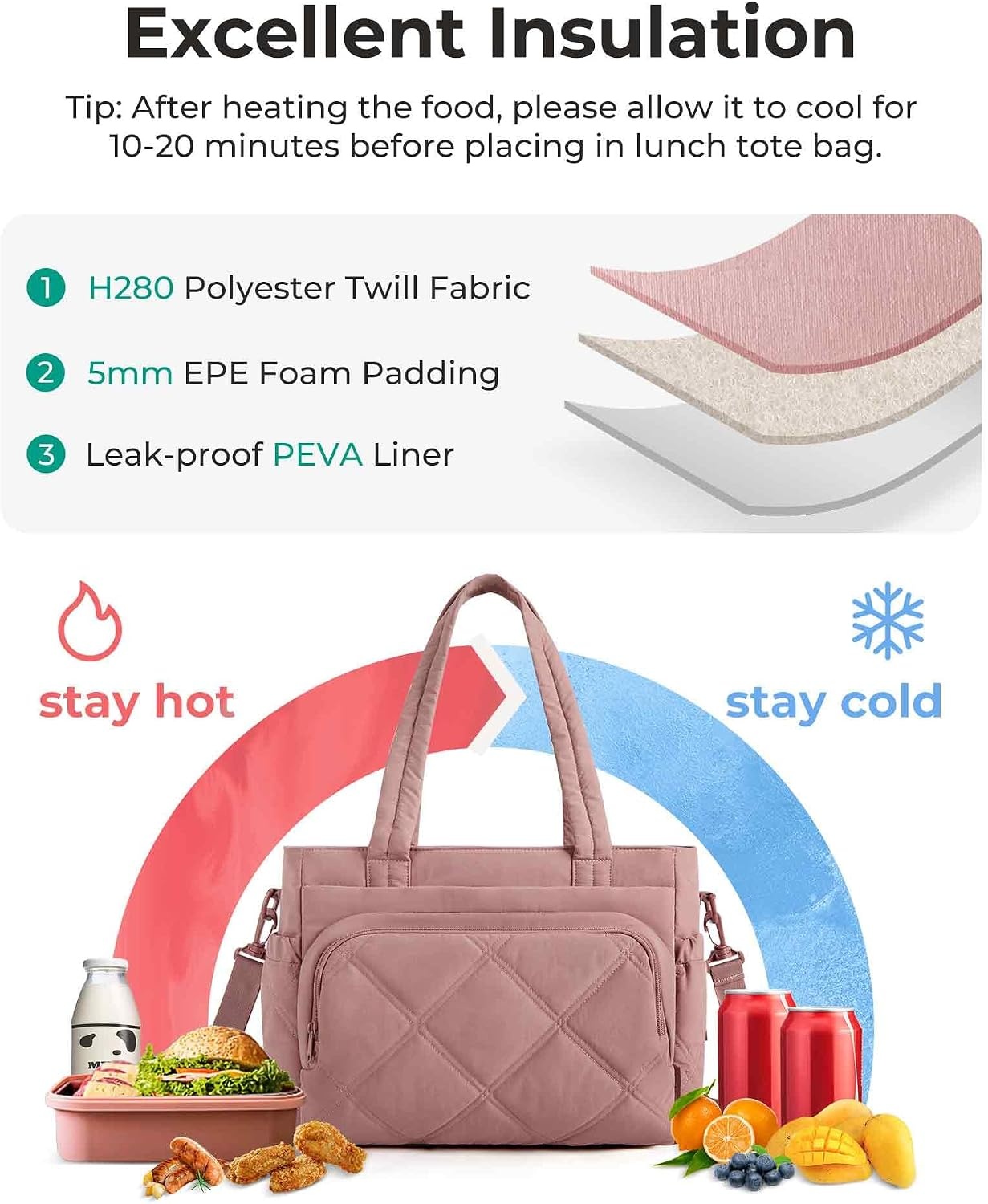 image:imageBAGSMART Lunch Bag Women Large Lunch Box Insulated Tote Bag with MultiPockets Quilted Puffy Tote for Work Outdoors06Baby Pink