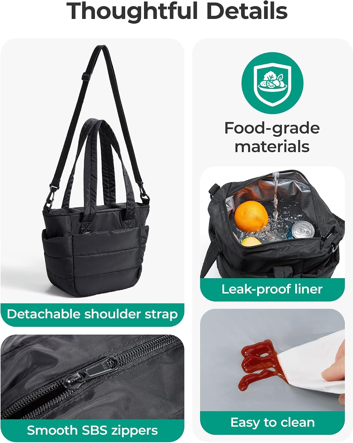 image:imageBAGSMART Lunch Bag Women Small Insulated Tote with Lunch Compartment Quilted Lightweight Puffy Tote Bag for Work Travel Outdoor Camel01Black