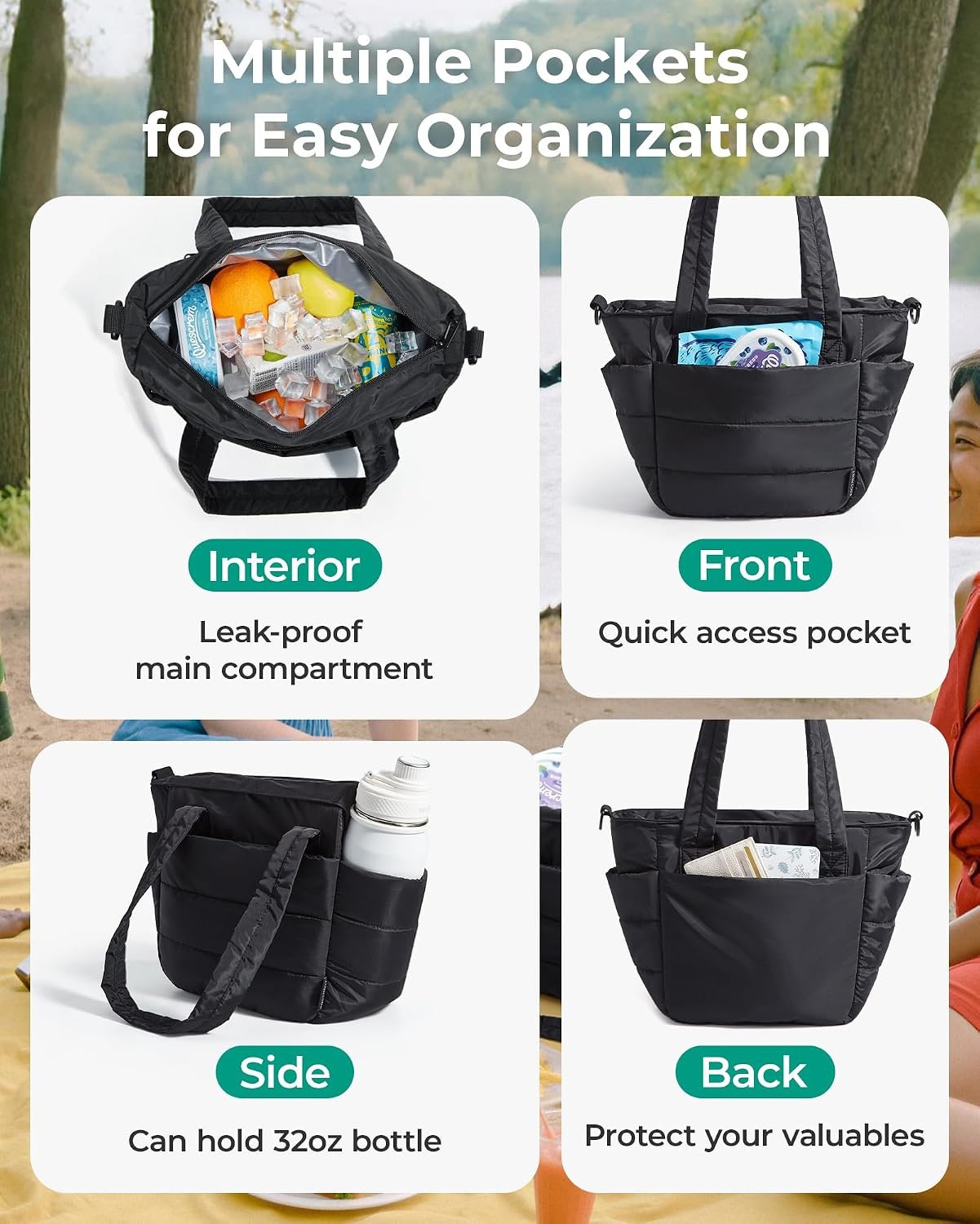 image:imageBAGSMART Lunch Bag Women Small Insulated Tote with Lunch Compartment Quilted Lightweight Puffy Tote Bag for Work Travel Outdoor Camel01Black