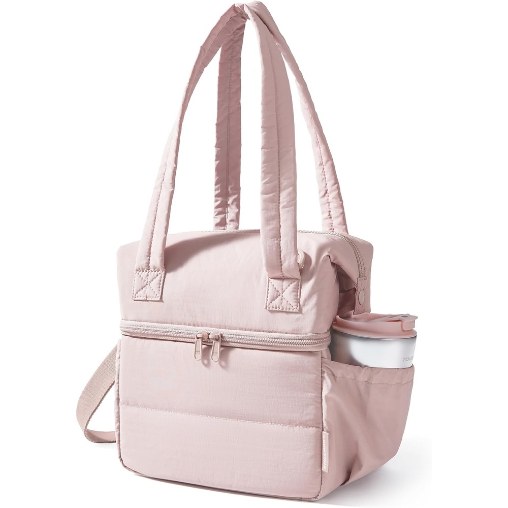 image:imageBAGSMART Double Deck Lunch Bag Women Insulated Reusable Lunch Box Quilted Puffer Lunch Tote with Shoulder Strap Durable Large Lunch Cooler For Work Picnic Travel Meal Prep Flight Beige  BlackPink