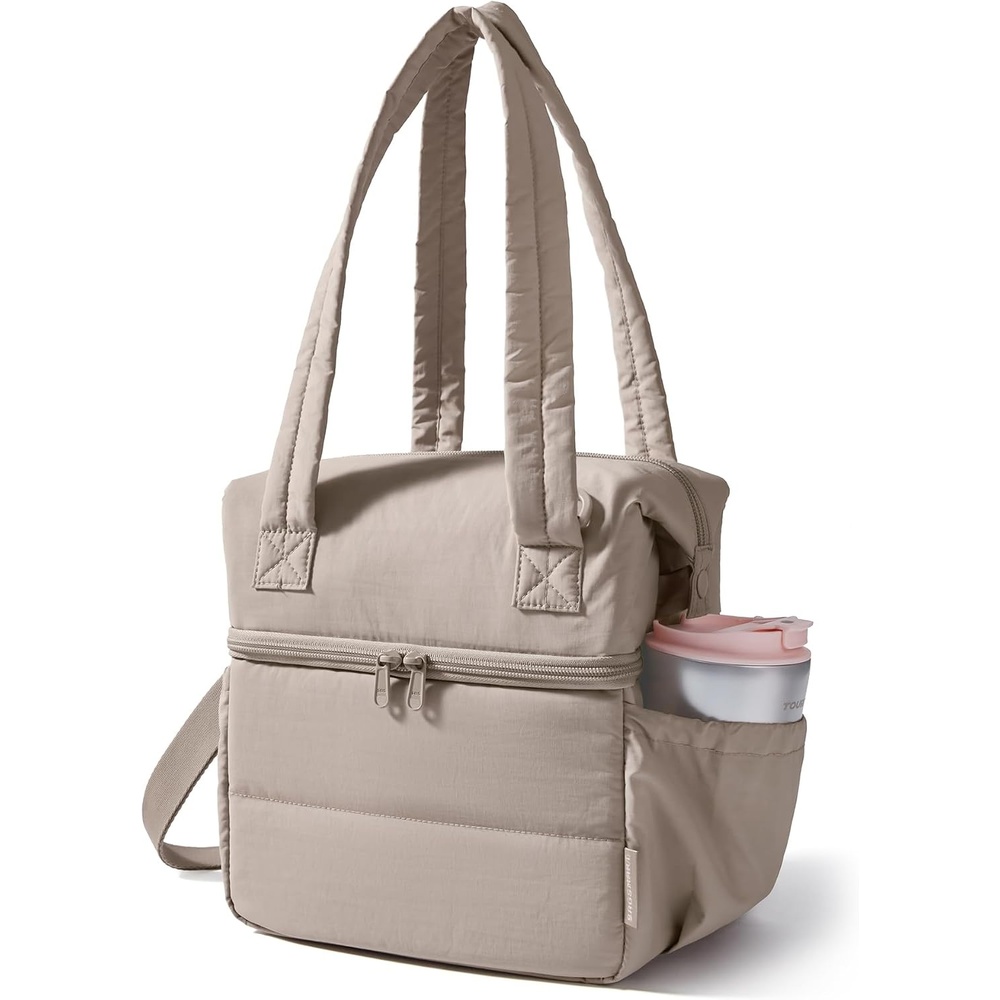 image:imageBAGSMART Double Deck Lunch Bag Women Insulated Reusable Lunch Box Quilted Puffer Lunch Tote with Shoulder Strap Durable Large Lunch Cooler For Work Picnic Travel Meal Prep Flight Beige  BlackCamel