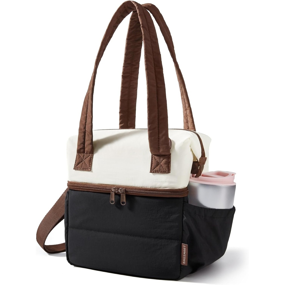 image:imageBAGSMART Double Deck Lunch Bag Women Insulated Reusable Lunch Box Quilted Puffer Lunch Tote with Shoulder Strap Durable Large Lunch Cooler For Work Picnic Travel Meal Prep Flight Beige  BlackBeige  Black