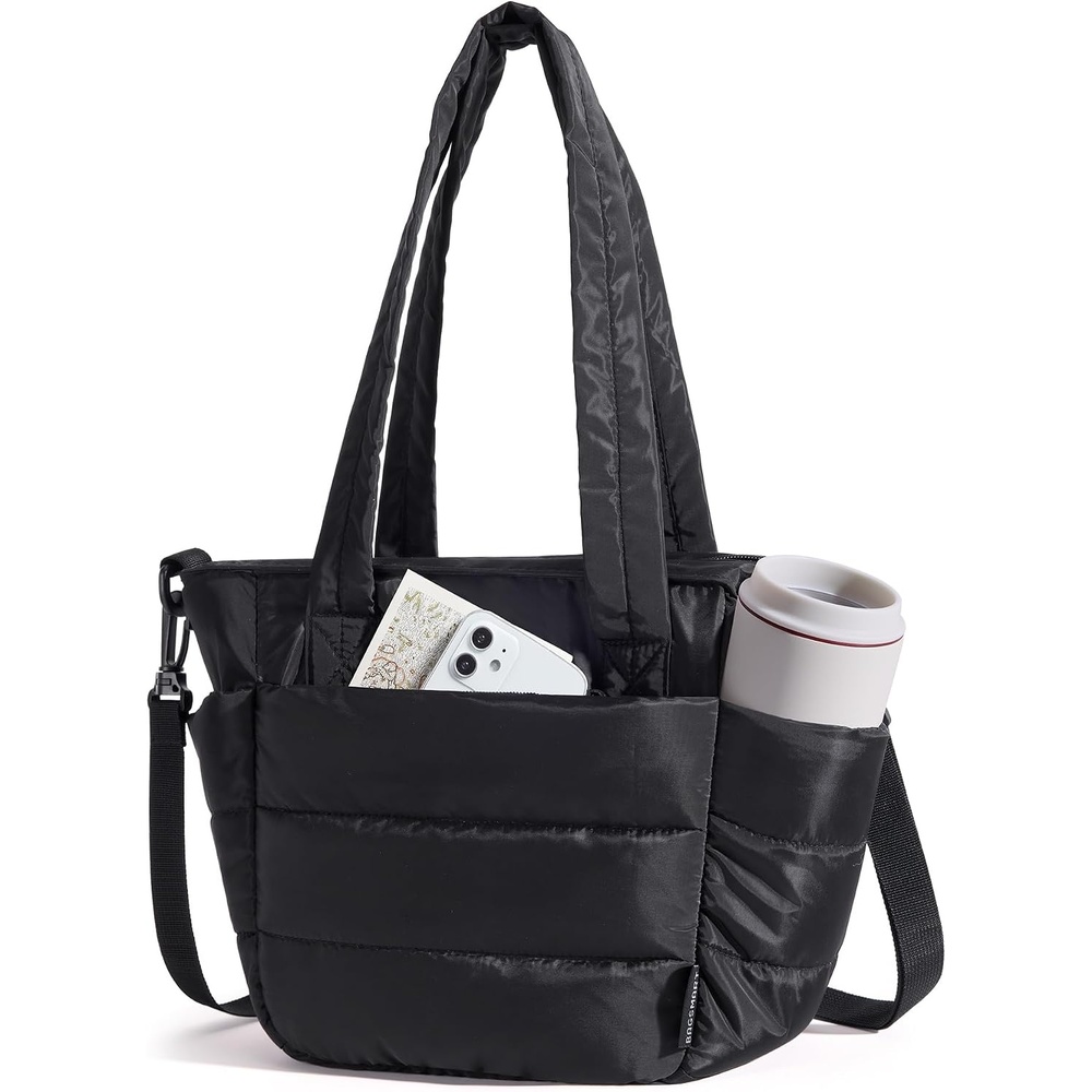 image:imageBAGSMART Lunch Bag Women Small Insulated Tote with Lunch Compartment Quilted Lightweight Puffy Tote Bag for Work Travel Outdoor Camel01Black