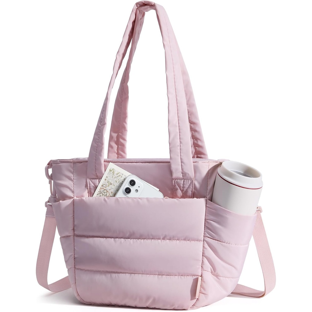 image:imageBAGSMART Lunch Bag Women Small Insulated Tote with Lunch Compartment Quilted Lightweight Puffy Tote Bag for Work Travel Outdoor Camel02Pink