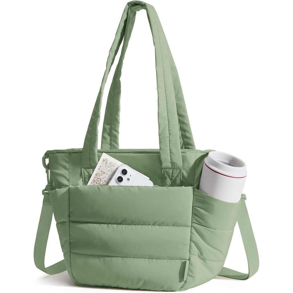 image:imageBAGSMART Lunch Bag Women Small Insulated Tote with Lunch Compartment Quilted Lightweight Puffy Tote Bag for Work Travel Outdoor Camel04Green