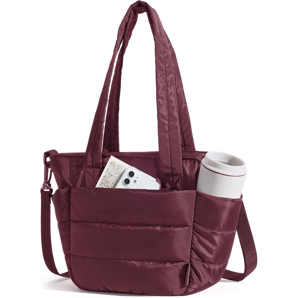 image:imageBAGSMART Lunch Bag Women Small Insulated Tote with Lunch Compartment Quilted Lightweight Puffy Tote Bag for Work Travel Outdoor CamelCherry Red