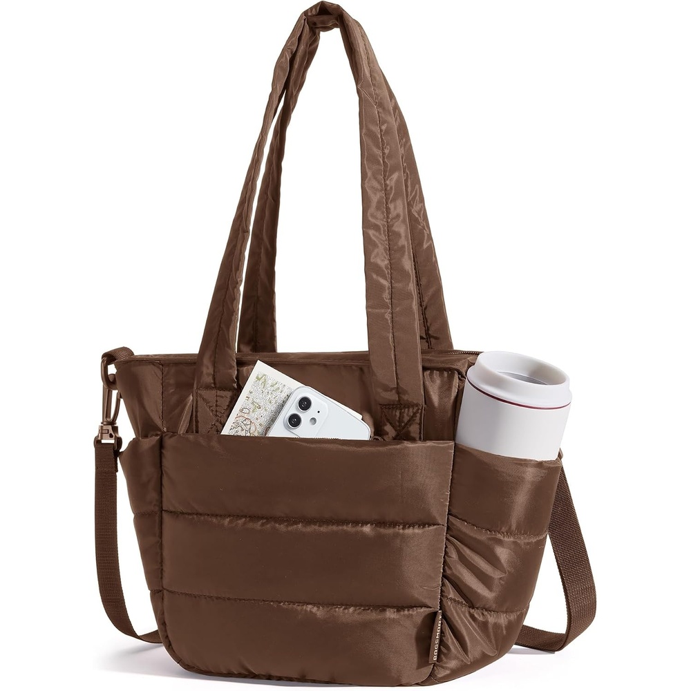 image:imageBAGSMART Lunch Bag Women Small Insulated Tote with Lunch Compartment Quilted Lightweight Puffy Tote Bag for Work Travel Outdoor CamelCoffee Brown