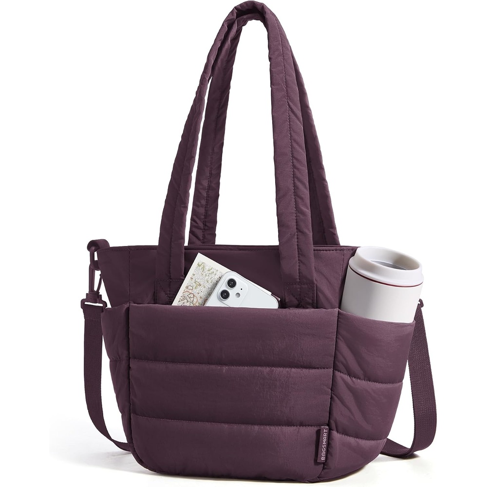 image:imageBAGSMART Lunch Bag Women Small Insulated Tote with Lunch Compartment Quilted Lightweight Puffy Tote Bag for Work Travel Outdoor CamelCrimson Purple