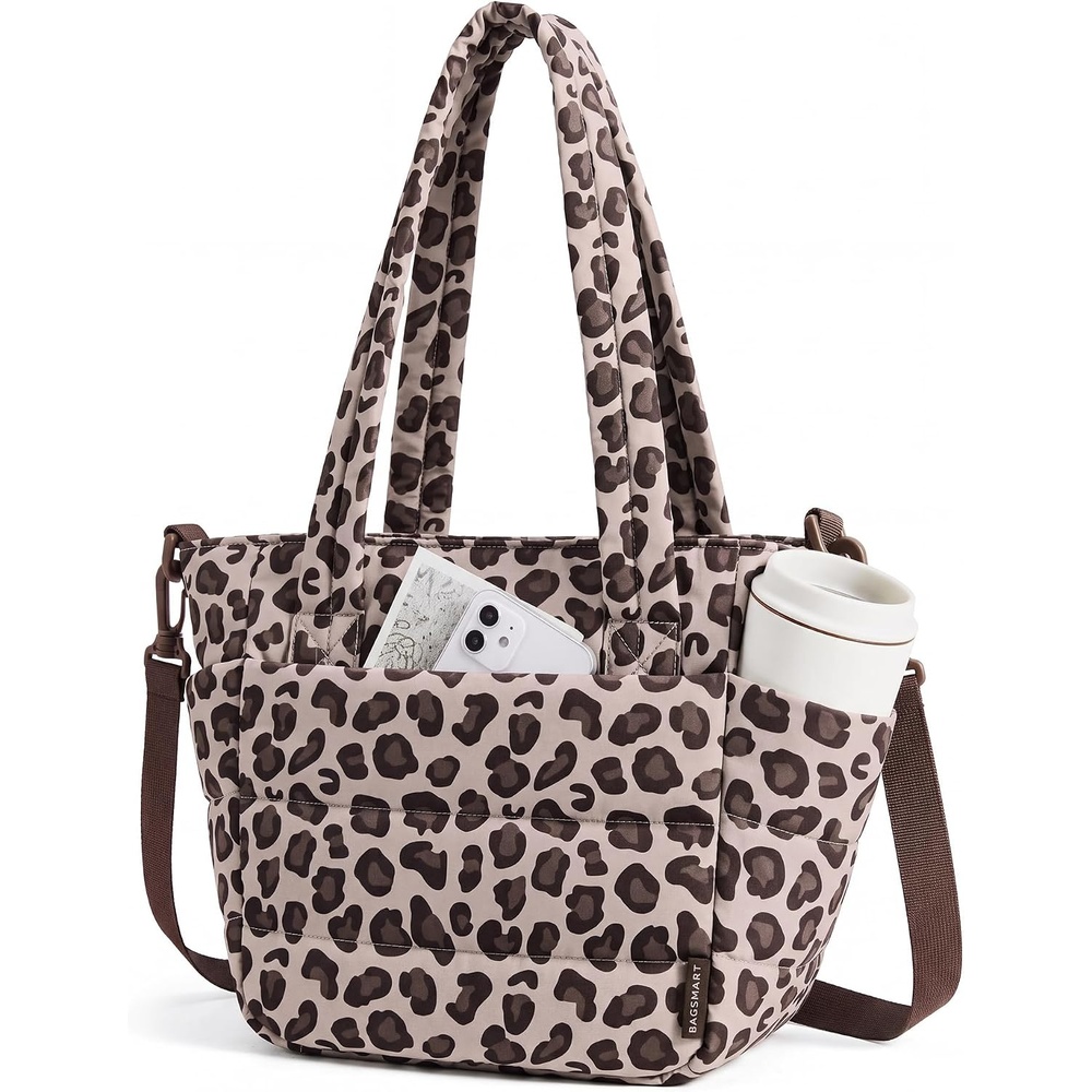 image:imageBAGSMART Lunch Bag Women Small Insulated Tote with Lunch Compartment Quilted Lightweight Puffy Tote Bag for Work Travel Outdoor CamelLeopard Print