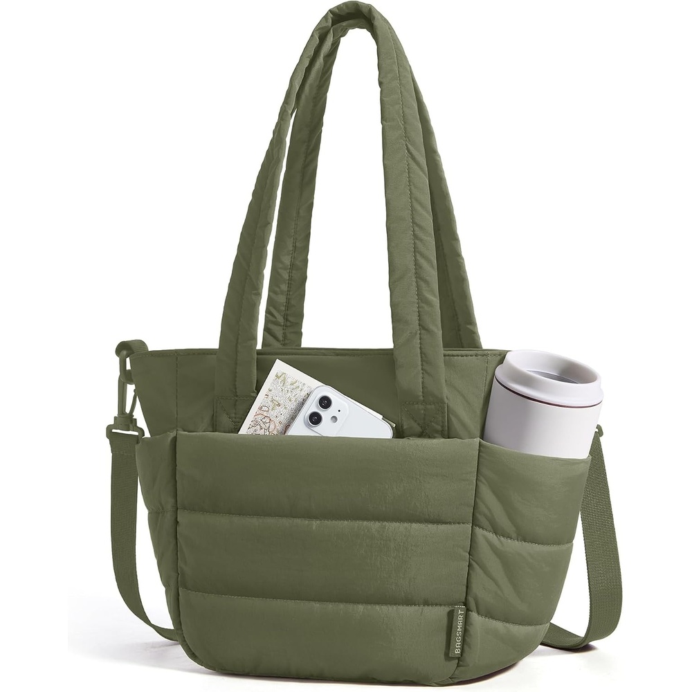 image:imageBAGSMART Lunch Bag Women Small Insulated Tote with Lunch Compartment Quilted Lightweight Puffy Tote Bag for Work Travel Outdoor CamelOlive Green