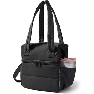 BAGSMART Double Deck Lunch Bag Women, Insulated Reusable Lunch Box, Quilted Puffer Lunch Tote with Shoulder Strap, Durable Large Lunch Cooler For Work Picnic Travel Meal Prep Flight, Beige + Black(Black)
