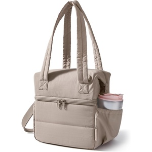 BAGSMART Double Deck Lunch Bag Women, Insulated Reusable Lunch Box, Quilted Puffer Lunch Tote with Shoulder Strap, Durable Large Lunch Cooler For Work Picnic Travel Meal Prep Flight, Beige + Black(Camel)