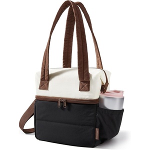 BAGSMART Double Deck Lunch Bag Women, Insulated Reusable Lunch Box, Quilted Puffer Lunch Tote with Shoulder Strap, Durable Large Lunch Cooler For Work Picnic Travel Meal Prep Flight, Beige + Black(Beige + Black)