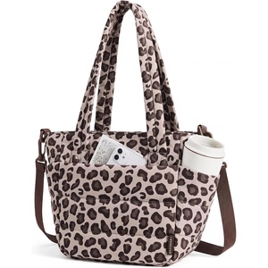 BAGSMART Lunch Bag Women Small Insulated Tote with Lunch Compartment Quilted Lightweight Puffy Tote Bag for Work, Travel, Outdoor, Camel(Leopard Print)